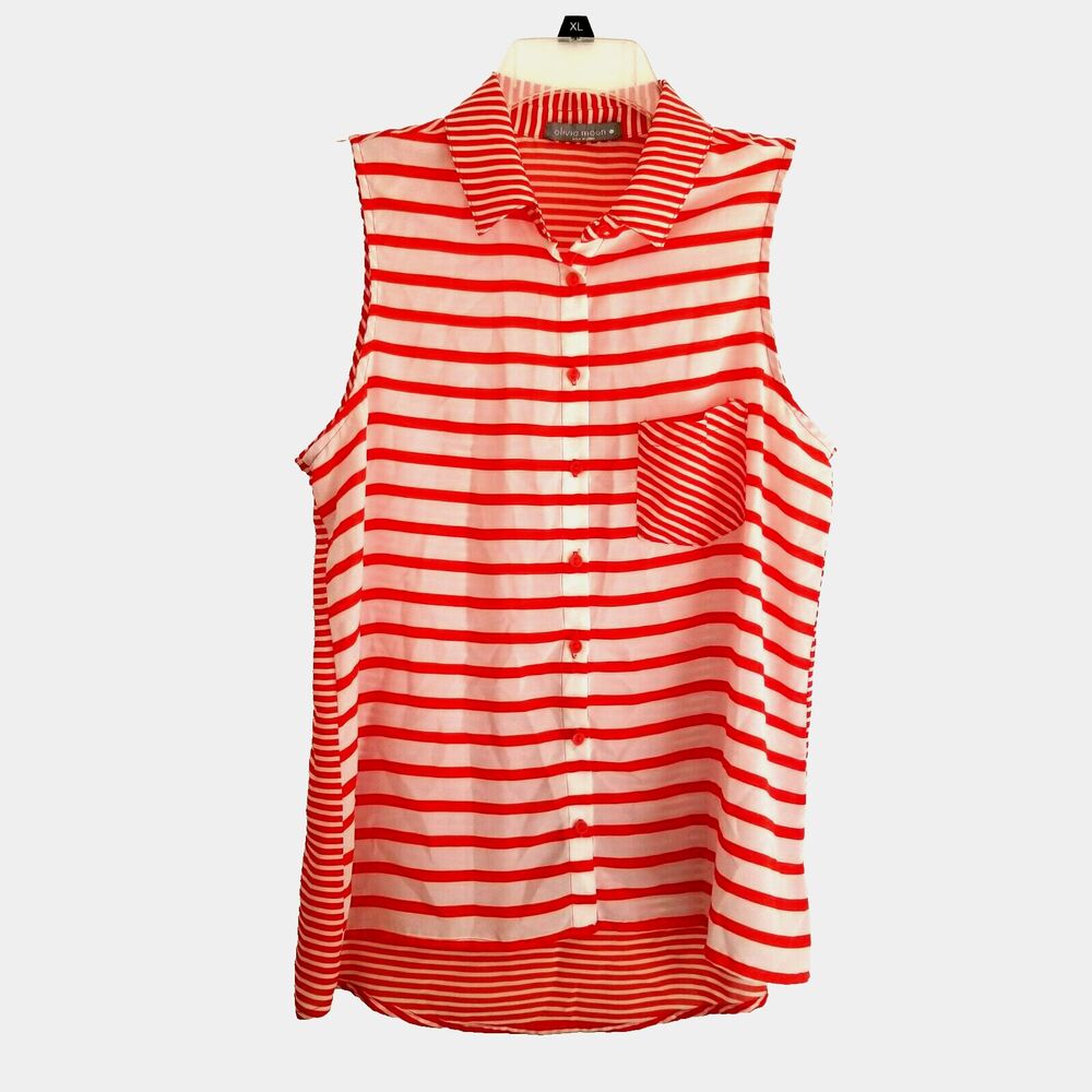 Olivia Moon Top Large Red White Stripe Sleeveless ButtonUp Blouse Casual Shirt